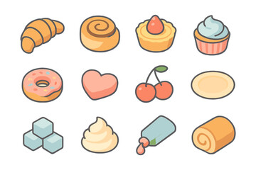 Colorful bakery and dessert icons in a soft pastel style