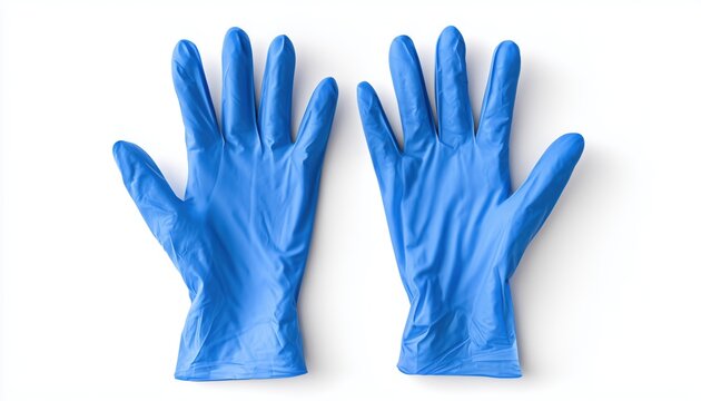 Top View Of A Pair Of Blue Medical Gloves On A White Background. Protective Gear For Medical Professionals. Hygienic And Disposable.