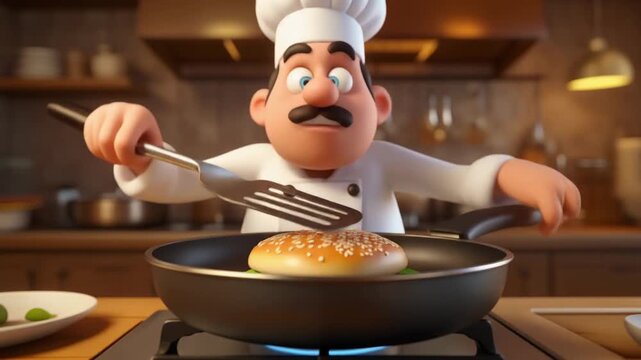 3D cartoon scene of a cheerful chef trying to flip a burger in a pan using a spatula