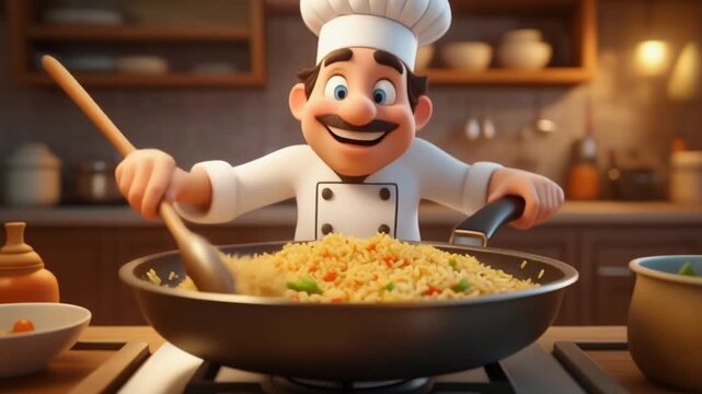 3D cartoon scene of a lively chef cooking fried rice in a big pan