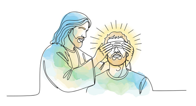 Healing the Blind Man: Jesus Gently Touching the Eyes of a Blind Man. Minimalist One-Line Watercolor Vector Illustration. Minimalist  card design.