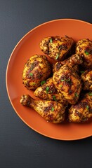 A vibrant plate of perfectly cooked, succulent spice chicken, generously seasoned with fragrant herbs and exotic spices, ready to savor ,aromatic ,colorful ,restaurant food