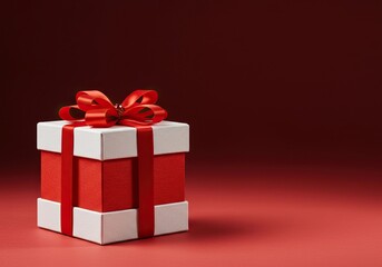 A vibrant red and white gift box, adorned with a decorative ribbon and bow, ready for holiday season celebrations and festive surprises ,decorative ,spirit ,isolated