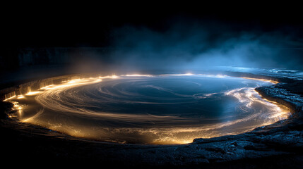 Fototapeta premium Dynamic swirl of water forming a glowing vortex, symbolizing energy, motion, transformation, and the natural power of fluid dynamics in a luminous, ethereal scene. 