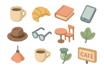Cozy coffee shop elements in flat design for relaxed vibes