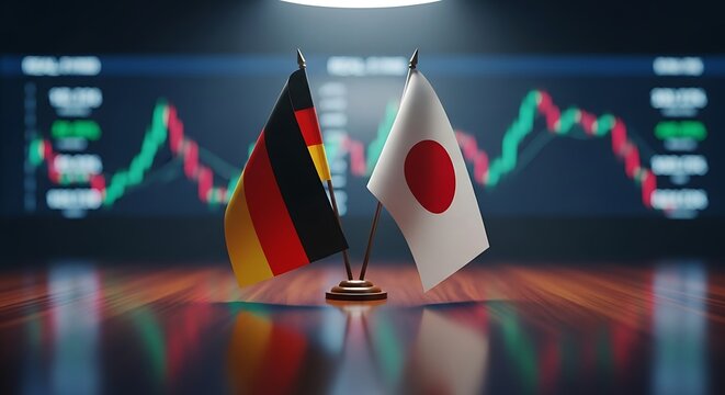 Germany and Japan flags with stock market graph in background.