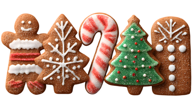 Realistic gingerbread cookies arranged in a festive row featuring candy cane, snowflake, and Christmas tree isolated on white background
