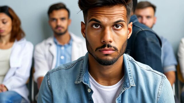 Job Interview: A man exudes confidence as he prepares for a job interview, while other candidates wait with varying emotions of the waiting room. A moment of anticipation and high stakes.