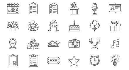 Set of outline icons related to event planning and organization, linear icon collection with editable stroke, vector illustration, ordered line icon set on a black background, perfect for