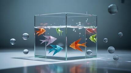 Glass cube aquarium with colorful origami fish and floating bubbles water