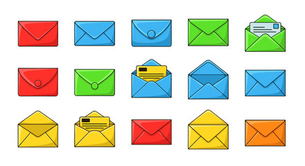 Collection of vibrant, isolated, flat-design envelopes in various colors including red, blue, green, yellow, and orange, perfect for diverse applications like cards, textiles, websites, and apps