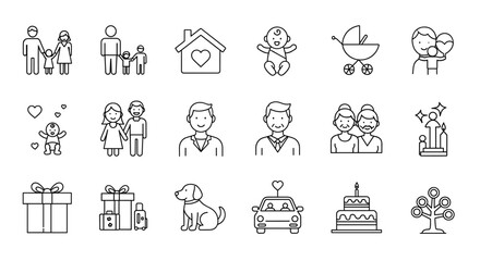 A diverse collection of family-related icons in a clean, editable stroke style, perfect for web, books, cards, and apps. This vector cartoon illustration set features various family units, including