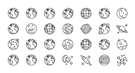 Modern Outline Style Icons of Globes and Planets, Featuring Earth, Moon, Saturn, and Jupiter, Perfect for Design, Cards, Apps, and Social Networks, Presented as a Vector Cartoon Illustration on a