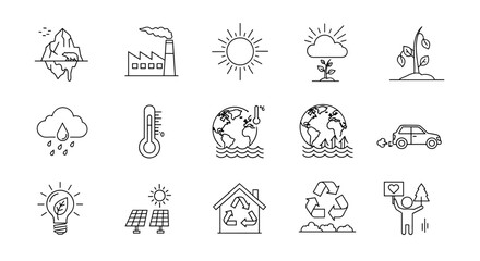 Global warming minimalistic line icons set, representing environmental issues like melting icebergs, industrial pollution, extreme weather, deforestation, and climate change effects, suitable for web