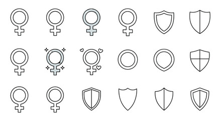 Collection of Female Symbols and Shield Icons, Isolated on a White Background, Perfect for Web Sites, Books, Cards, and Apps. This Vector Cartoon Illustration Features a Set of Diverse Symbols