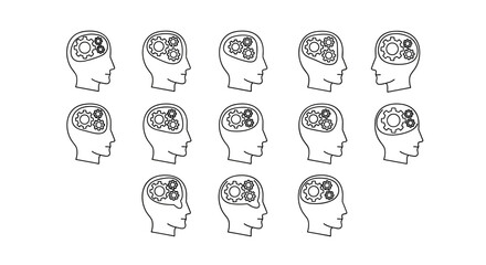 A seamless pattern of simple line art icons depicting a human head profile with interlocking gears inside, symbolizing thought processes, ideas, and mechanical thinking, presented on a stark black