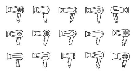 Collection of outline linear icons representing various hair dryers, perfect for graphic and web design, apps, adverts, and various cards. This vector cartoon illustration features a clean white