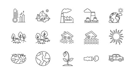Collection of outline icons representing global warming and environmental issues, including a thermometer, melting ice, factories, floods, drought, and pollution, suitable for graphic design, web