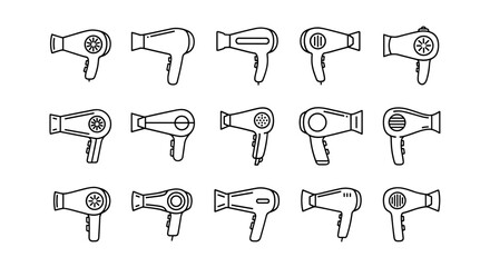 A collection of diverse line art icons representing hair dryers, presented in a clean and organized manner, perfect for web, print, and digital applications, offering a versatile visual asset for