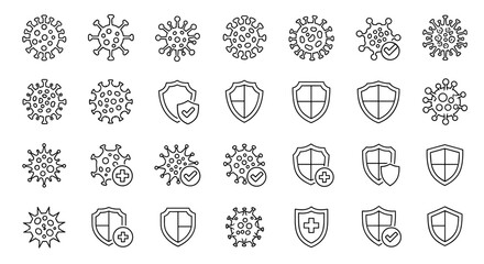 Collection of outline icons representing the virus and shield, symbolizing protection and health, suitable for graphic design, web design, apps, adverts, and various cards, presented as a vector