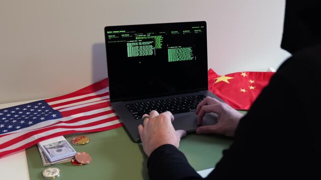 Hacker in Black Hoodie Running Multiple Terminals from Hacker Command Station Software - Hacktivist Concept of Man Representing US and China