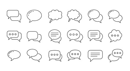 A collection of minimalistic thin line icons representing speech bubbles, ideal for web and graphic design, apps, banners, social networks, and cards. This vector cartoon illustration features
