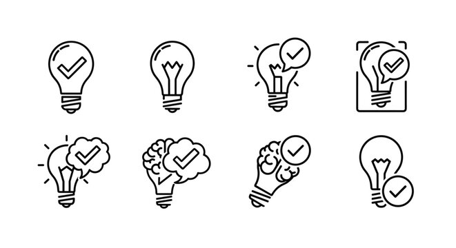 Collection of eight line art icons depicting light bulbs with checkmarks, symbolizing ideas, innovation, creativity, and successful solutions. These versatile icons represent concepts like genius