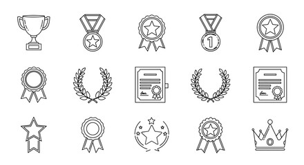 Collection of outline award icons including trophy, medals, ribbons, laurel wreaths, certificates, and crown, perfect for infographics, articles, books, flyers, banners, and vector cartoon