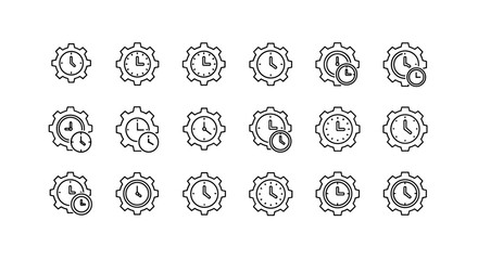 Set of minimalistic thin outline icons representing clocks integrated with gears, symbolizing time management, efficiency, and mechanical processes. Ideal for web, graphic design, apps, banners
