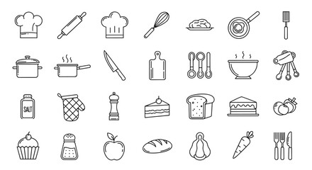 A collection of clean, minimalist line art icons representing various cooking and food-related items, perfect for culinary websites, recipe apps, or restaurant branding. This set includes chef hats