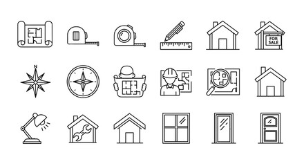 A collection of simple, isolated line icons representing floor plans, suitable for web, books, cards, and apps. This editable stroke vector cartoon illustration features various architectural