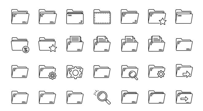 A diverse collection of thin, editable stroke icons representing computer folders, presented in a vector cartoon illustration style. This versatile set is ideal for web design, books, cards, and app