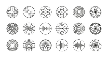 Collection of 15 abstract vector icons in white outline on a black background, featuring circular designs, concentric rings, spirals, radial patterns, atomic symbols, sound waves, and target