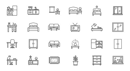 Collection of editable line icons representing various interior design elements, including kitchen appliances, bedroom furniture, living room seating, storage systems, and more, presented as a clean