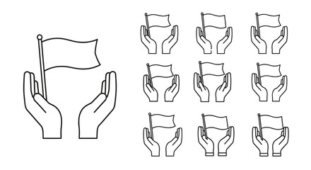 Simple line art illustration of a flag held between two cupped hands, symbolizing protection, support, or the presentation of an idea or nation. The set includes multiple instances of the icon