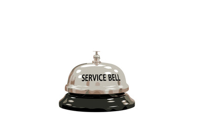 A gleaming silver service bell with the words "SERVICE BELL" clearly inscribed on its polished surface, isolated on a stark black background, symbolizing customer assistance, hospitality, and