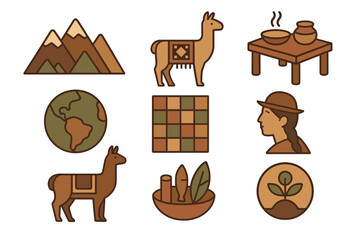 Naklejka premium Andean culture elements: llamas, mountains, and traditional cuisine in flat design
