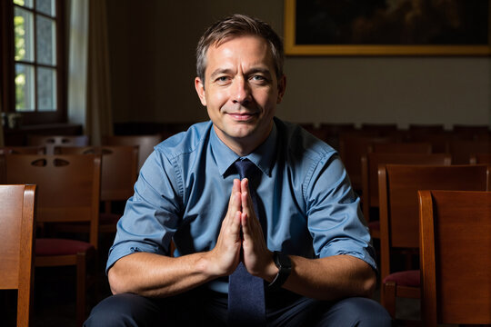 Contemplative man with hands clasped, sitting in a church pew or courtroom, looking at the camera. A peaceful or thoughtful expression in a formal, quiet setting - Powered by Adobe
