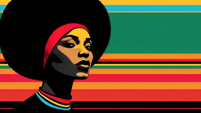 Afro Queen Illustration: An empowered female figure with an afro, adorned with vibrant color stripes, embodying cultural pride.
