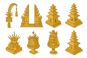Traditional balinese icons in isometric style: temples, gates, and offerings