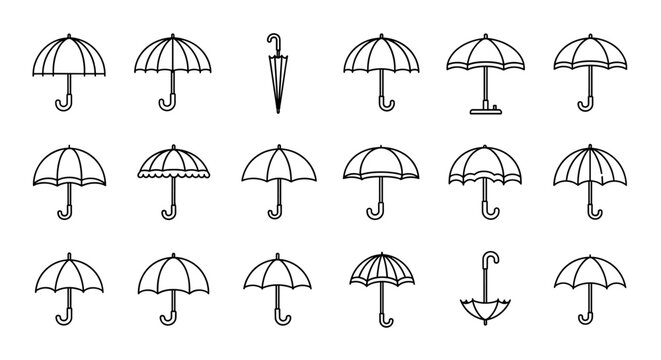 Set of four line art icons representing different types of umbrellas and parasols, including a classic bumbershoot, a beach parasol, and two other variations, all on a clean white background, perfect