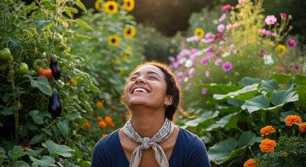 Young woman laughing with bandanna in sun-drenched community garden