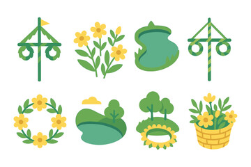 Colorful scandinavian summer symbols celebrating midsummer festivities