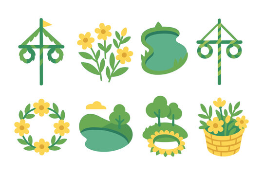 Colorful scandinavian summer symbols celebrating midsummer festivities