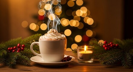 Fototapeta premium A steaming mug of hot chocolate with whipped cream next to a lit candle with a festive, warmly lit Christmas tree in the background.