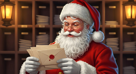 Santa Claus sorting letters in cozy North Pole mail room – cheerful Christmas illustration with nostalgic copy space