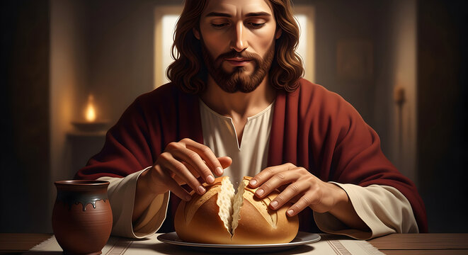 Jesus breaking bread at table with soft candlelight &ndash; reverent Christian illustration symbolizing Eucharist and Last Supper, with warm copy space