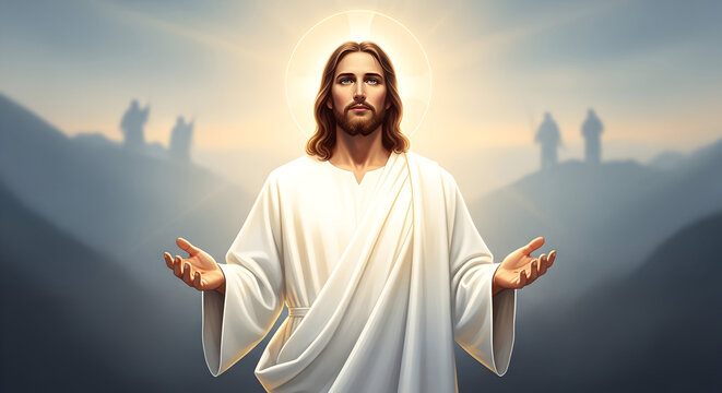 Resurrected Jesus in radiant white robe with arms open against sunrise mountains &ndash; inspirational Christian illustration with expansive copy space