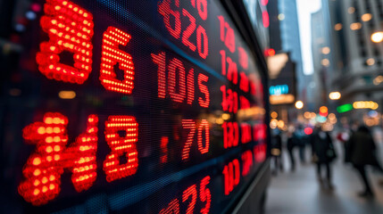 Stock market screen with red digital numbers showing financial data in busy urban environment, capturing fast paced and intense atmosphere of trading activity
