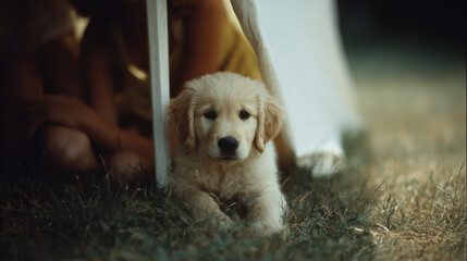 playful scene unfolds as young girl and her energetic puppy hide playfully under table